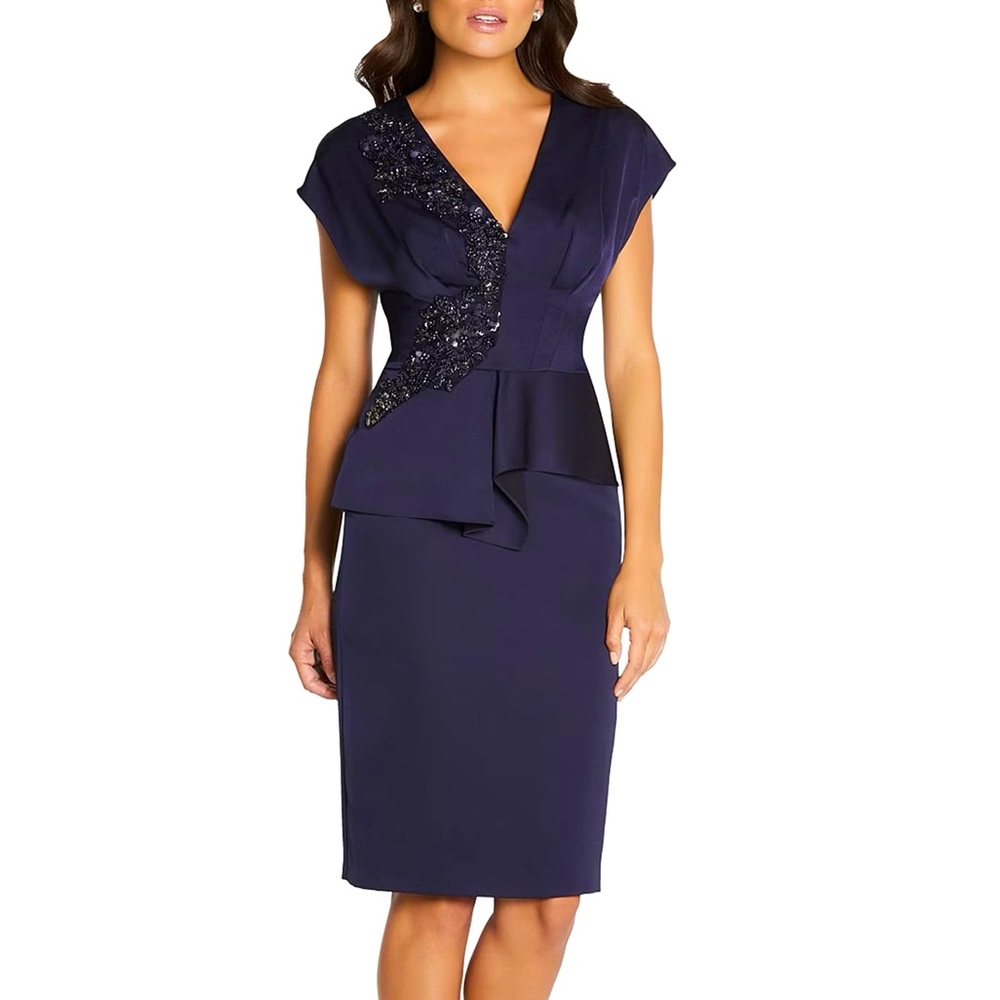 Aidan Mattox Embellished V Neck Peplum Sheath Dress